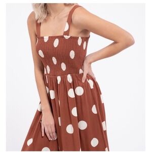Blu Pepper Brown Polka Dot Smocked Bodice Dress Size S Linen Blend